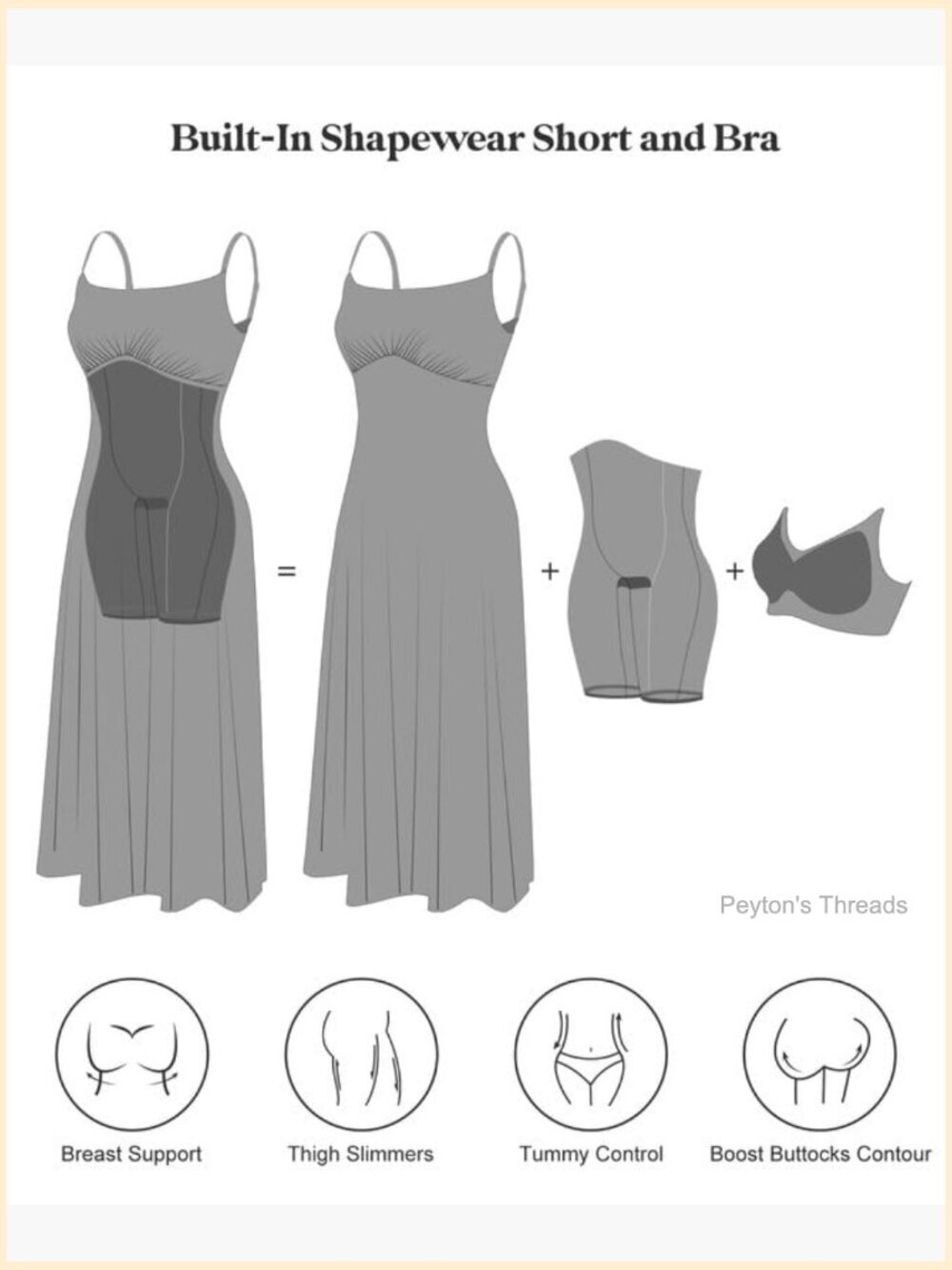 Shapewear Dress Built-in Bra Adjustable Straps Square Neck A-Line Midi Slip - Picture 2 of 7